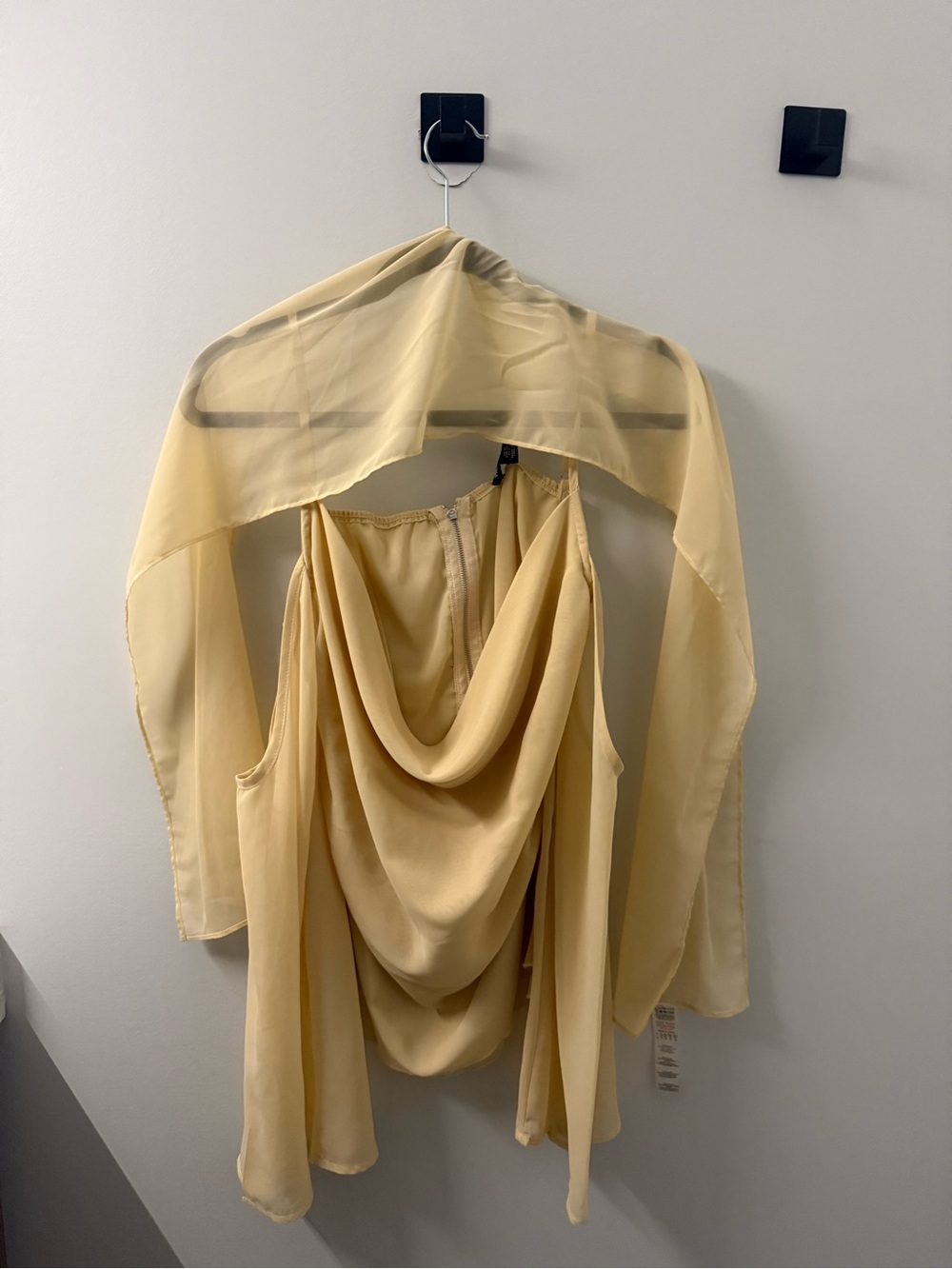 Drape-Front Sleeveless Top with Sheer Shawl — Cream/Butter Yellow